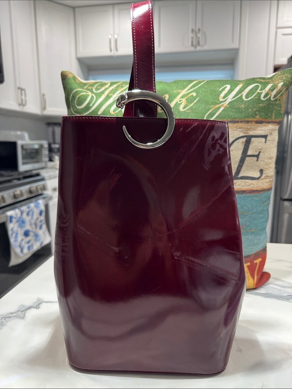 Cartier Panthere Glossy Wine Red Patent Tote with Silver C-Ring Accent